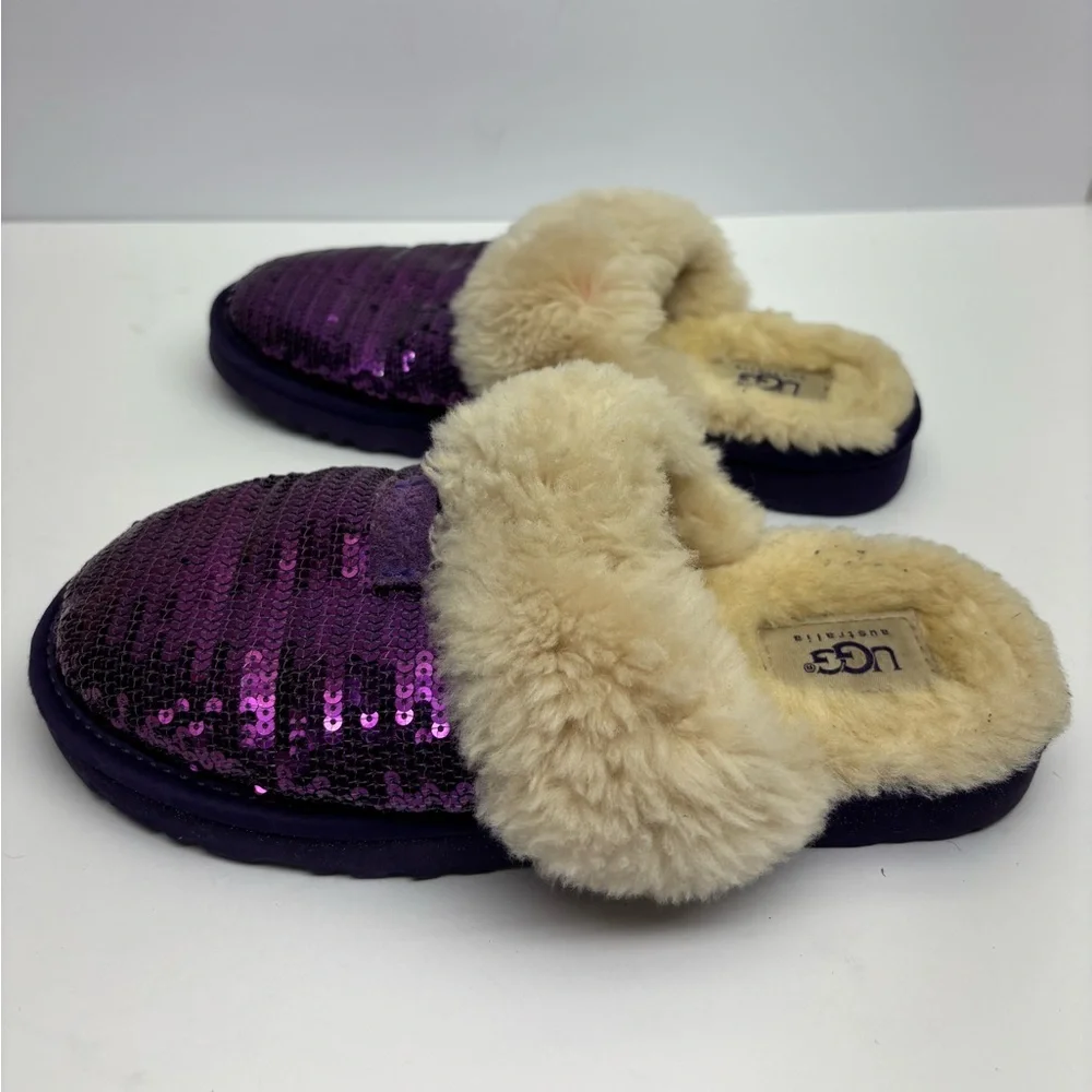 Ugg Sparkling Purple Sequin Faux-Fur Slippers, size 4 big girl, box 29
